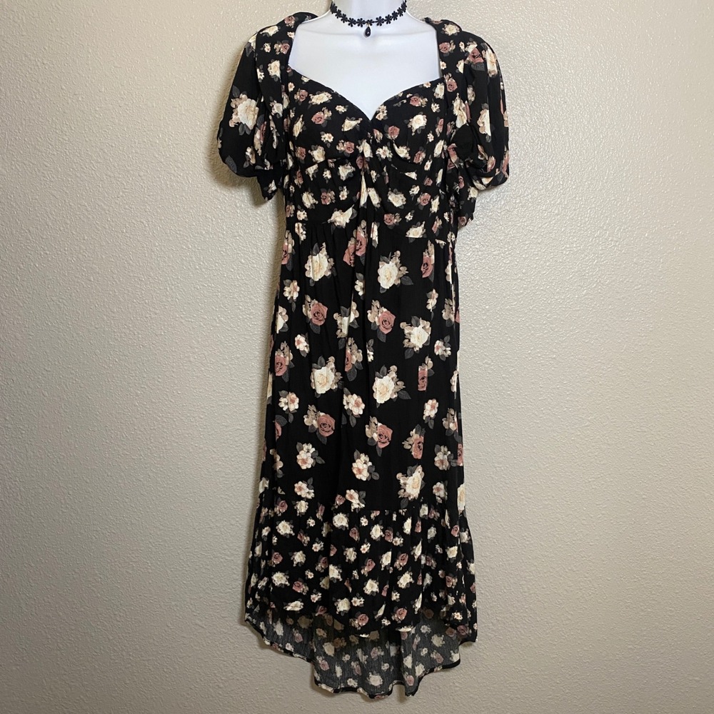 Black Babydoll Midi Dress Large Dark Feminine Romantic Casual Summer Cottagecore
